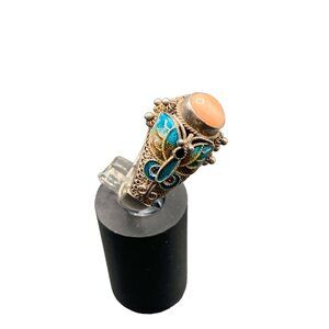 Chinese Export Coral Ring Sterling Silver and Enamel Size 7